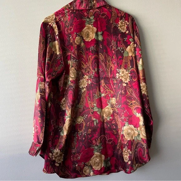 DELICATES Floral Paisley 70s Satin Loungewear Pajama Set Women's Size L - Picture 2 of 11